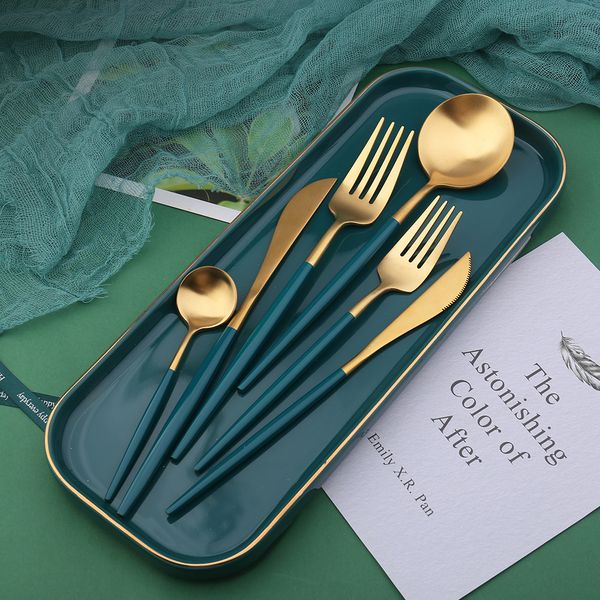 Hot atacado dropshiping silverware aço inoxidável escuro verde ouro cutelaria vintage garfo colher faca jantar conjunto coreano cozinha 201116