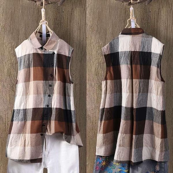 

zanzea 2020 women's checked blouse vintage plaid shirt buttons laple neck sleevelesstanks casual blusas work summer 5xl, White