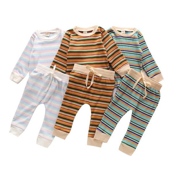 

clothing sets baby spring born infant boy girls colorful striped clothes autumn long sleeve t-shirts +pants cotton outfit, White