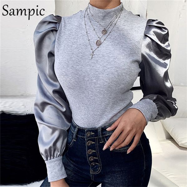 

sampic long puff sleeve knitwear ruched streetwear stain female pullover autumn women winter knitted turtleneck thin sweater y200722, White;black