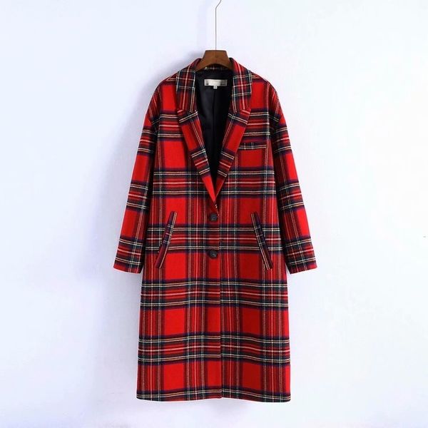 Cappotto scozzese rosso vintage invernale da donna Cappotto lungo in lana monopetto femminile a vita larga Parka 201030