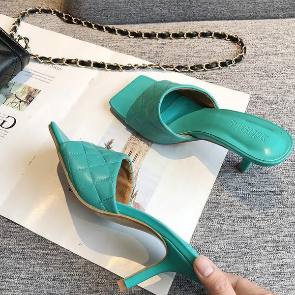 

summer toe new design square women mules slippers stiletto sandals slide high heel ladies outdoor elegant party shoes1, Black