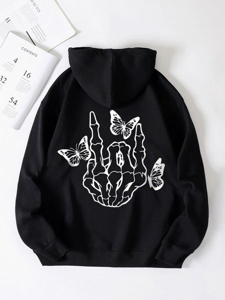 

skeleton and butterfly print drawstring thermal lined hoodie 9452#, White;black