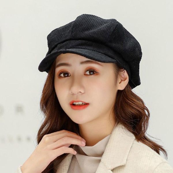 

winter solid corduroy beret hat women vintage casual hats literary foldable berets, Blue;gray