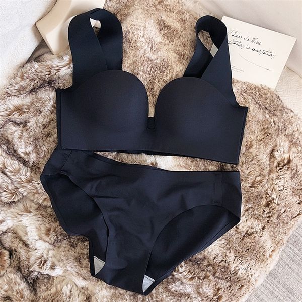 

gathering seamless bra sets adjustment type non-steel ring close-up breast bralette thin bottom thick vest underwear set lj201210, Red;black