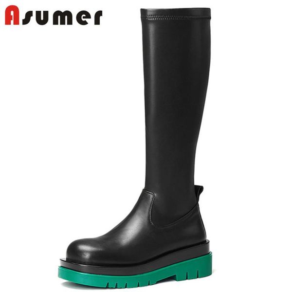 

asumer 2020 new arrive knee high boots women mixed colors genuine leather fashion thick bottom casual shoes women's long boots, Black