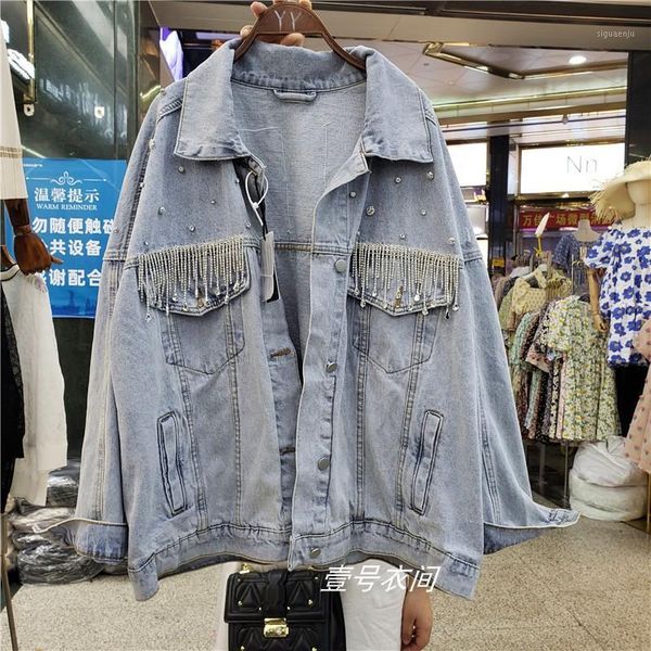 

harajuku diamond tassel washing denim jacket for women loose casual jeans coat outwear female autumn long sleeve cowboy coats1, Black;brown
