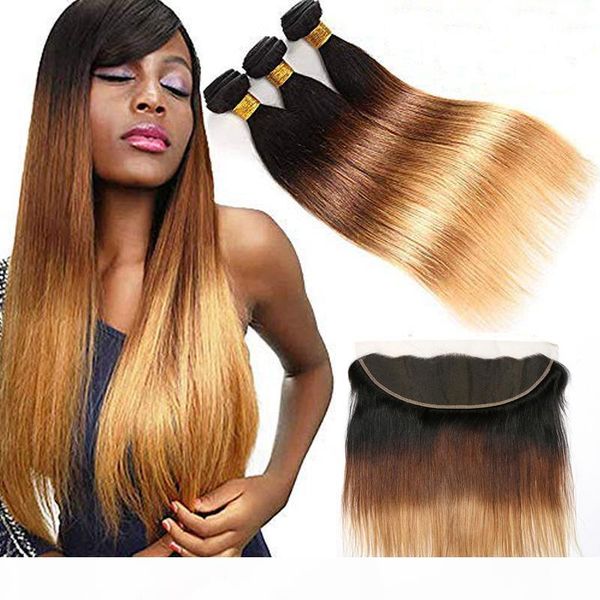 

1b 4 27 human hair weave brazilian straight hair 3 bundles with frontal ombre hair bundles with 13*4 lace frontal ear to ear, Black;brown