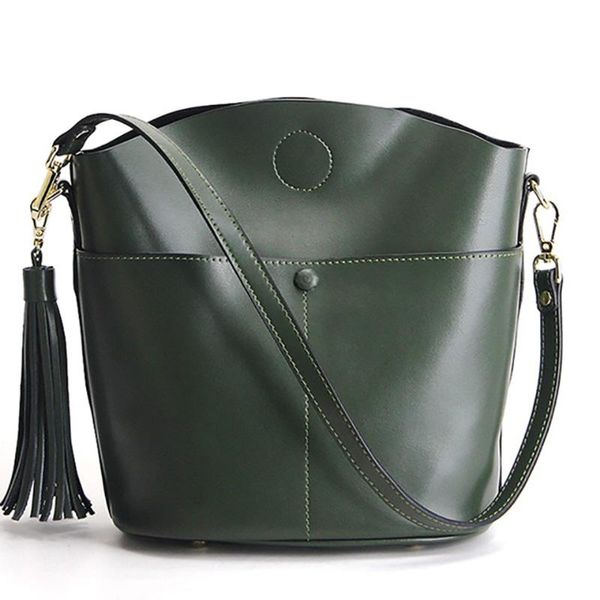 

genuine leather women handbags tassel shoulder bag europe crossbody messenger bag vintage large capacity bucket brown black