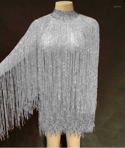 

new long sleeves see through full fringe dress women stretch outfit short dress bar dance tassel youdu1, Black;red