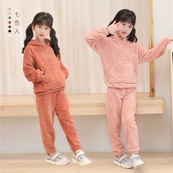 

children's thickening girls warm autumn and winter beam feet pajama coral fleece pants boys suit 201127, White