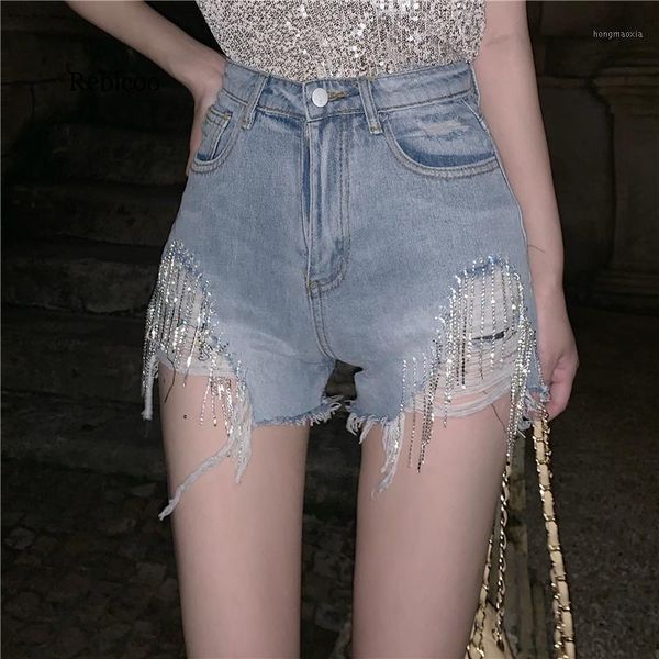

women shorts high waist wide-leg loose hole jeans short 2020 fashion korean style solid tassel diamond chain female denim shorts1, White;black