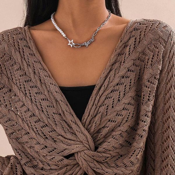

goth imitation pearl choker necklace for women star circle bead chain hollow letter pendant aesthetic charm jewelry gift, Silver