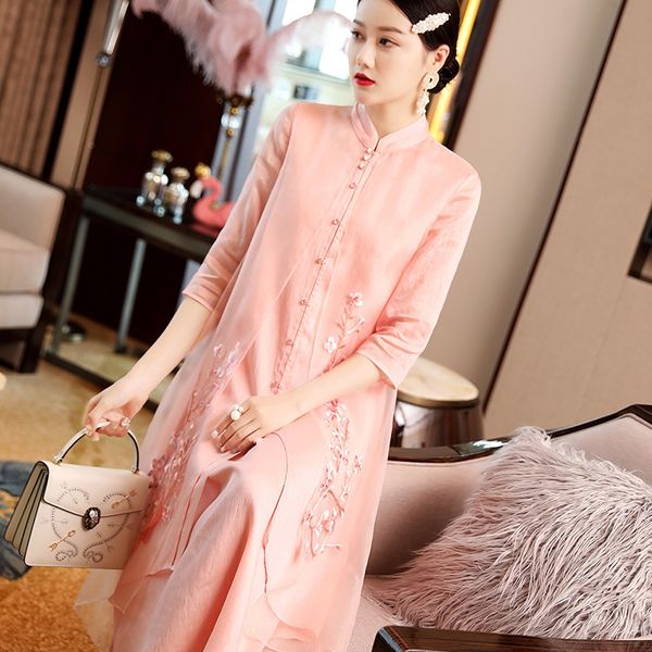 

осень dressembroidered платье 2020 новых cheongsam женщины цветочных платья вышивки два куска набора улучшенной hanfu юбка 99131 quf3a, Gray