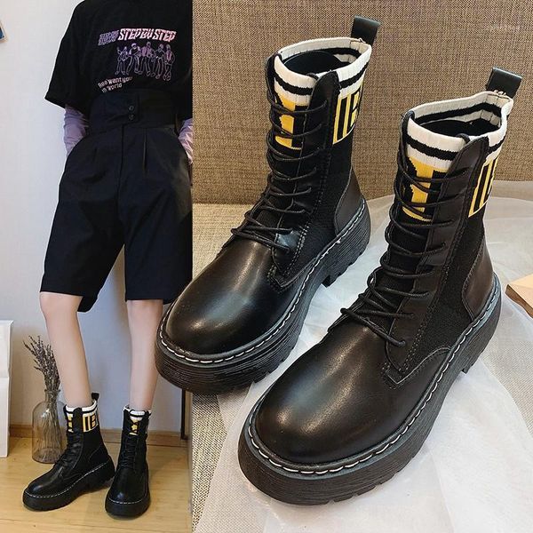 

patchwork letter boots women fashion lace-up ankle boots ladies black round toe flat shoes warm plush large size leather shoes1