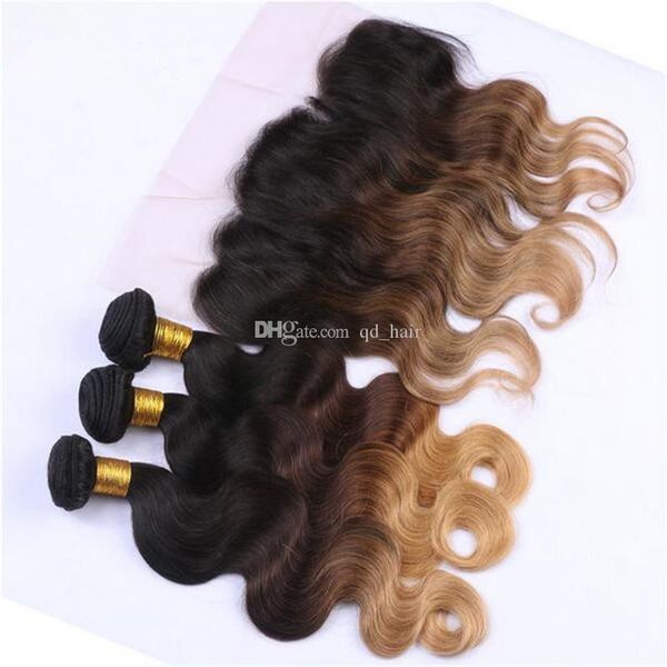 

dark root #1b 4 27 body wave hair bundles with lace frontal 13x4 ear to ear lace frontal with honey blonde hair extensions, Black