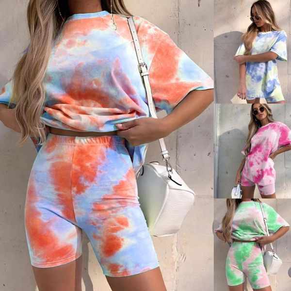 

casual outfits women's two piece suits tie dye printing backsuits t-shirt suit sports style bicycles shorts set 2021 new, Gray