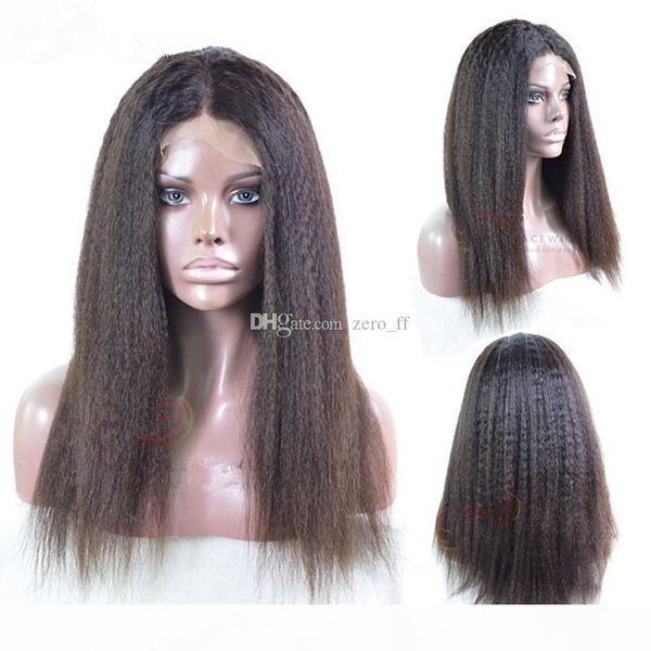 

kinky straight full lace wig indian virgin human hair light yaki lace front wig natural black color hair wigs, Black;brown