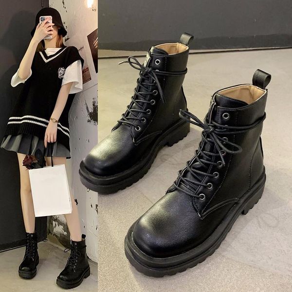 

lace up boots shoes round toe ankle booties women flat heel luxury designer boots-women low rock ladies rubber med fashion, Black
