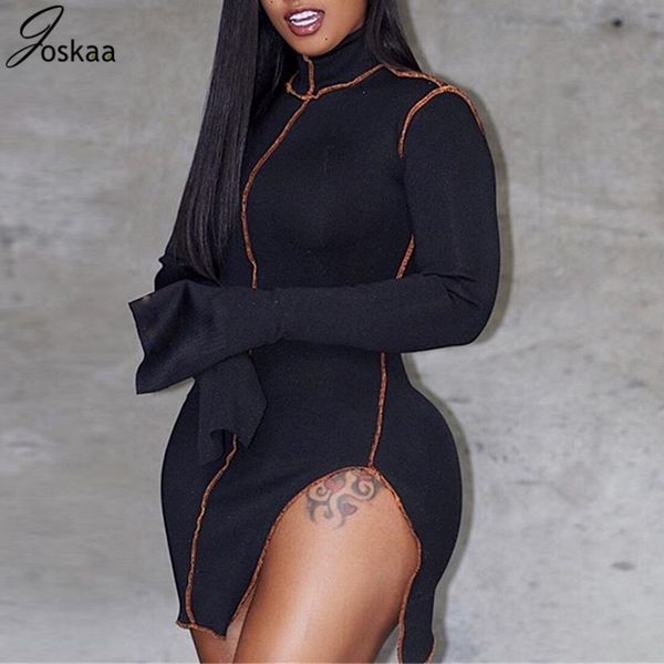 

joskaa patchwork knitted autumn elegant women side split bandage dress elegant nightclub streetwear party dresses vestidos y200824, Black;gray