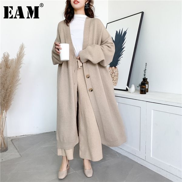 

[eam] gray big size long knitting cardigan sweater loose fit v-neck long sleeve women new fashion tide autumn winter y204 201030, White