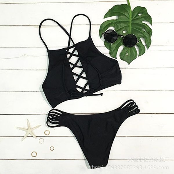 

three-color women's strap split swimsuit bikini set swimwear women, White;black
