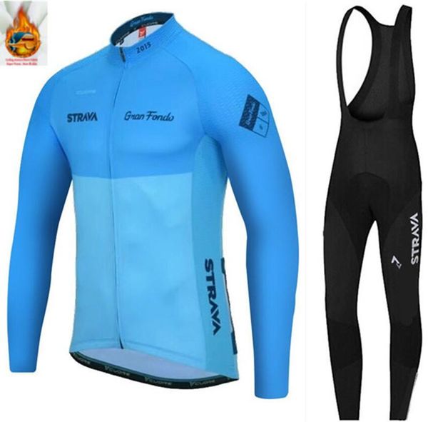 

strava pro team winter cycling jersey set thermal fleece ropa ciclismo invierno mtb bicycle clothing bike wear clothes, Black;blue