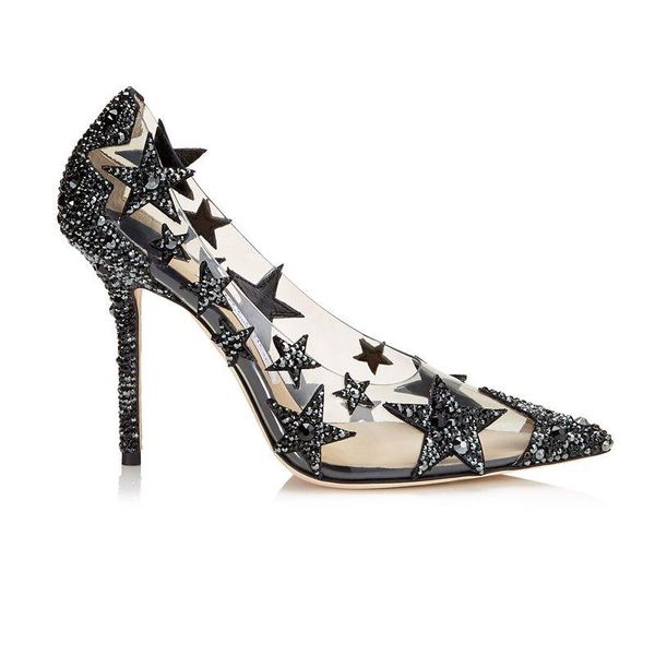 

new autumn women pumps girls star thin heels woman pointed toe shoes ladies rhinestone shoes female zapatos de mujer, Black
