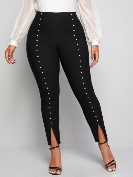 

plus pearl beaded split hem pants n1ms#, Black