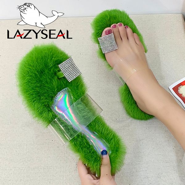 

lazyseal crystal diamonds slippers women real rabbit fur home plush shoes indoor fluffy sliders transparent open toe furry flats y200706, Black