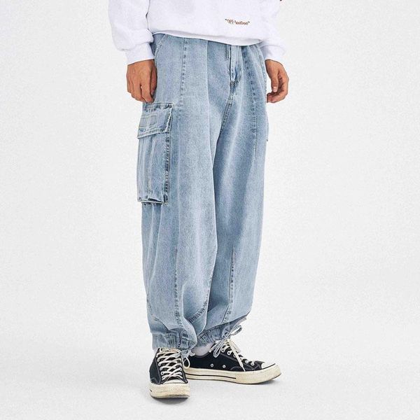 

male streetwear hip hop vintage fashion casual denim pants men washed multi-pockets adjustable wide leg cargo jeans1, Blue
