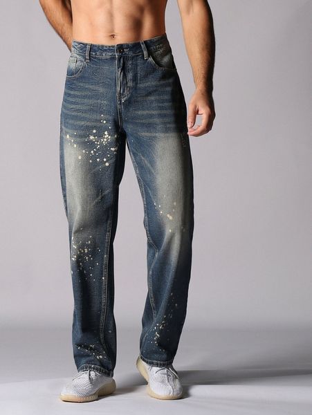 

men bleach wash splash ink cat whisker tapered jeans s9hi#, Blue