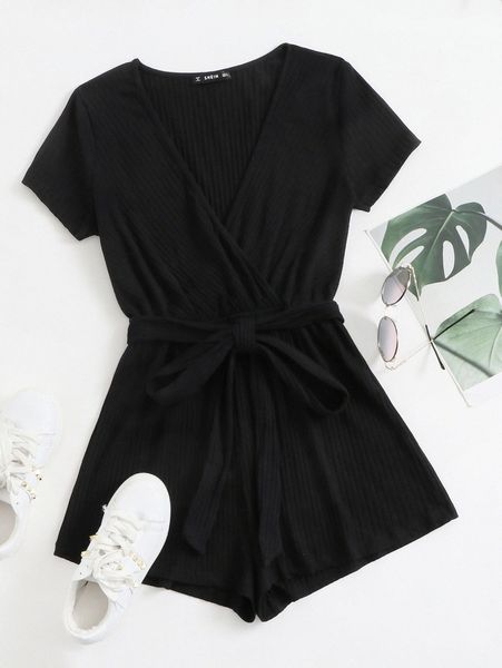 

surplice neck rib-knit belted romper i74b#, White