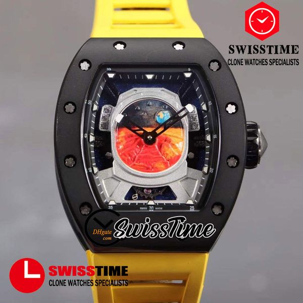 

new mars mission rm52-05 tourbillon skeleton red mars dial miyota automatic mens watch titanium pvd black steel case yellow rubber swisstime, Slivery;brown