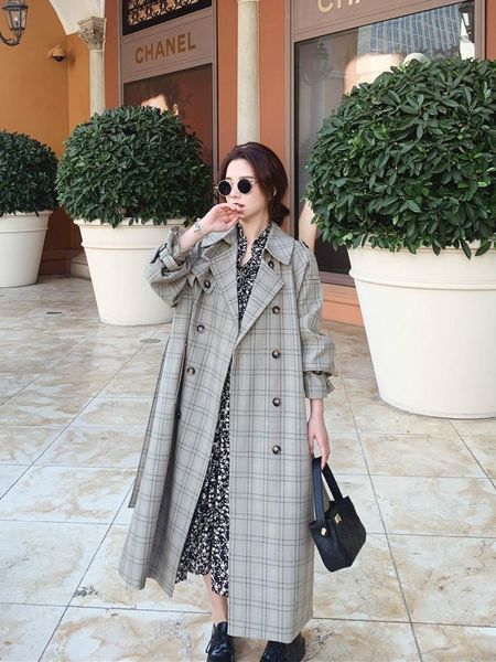 

2020 autumn winter new long plaid windbreaker jacket female loose casual fashion trench coat for women, Tan;black