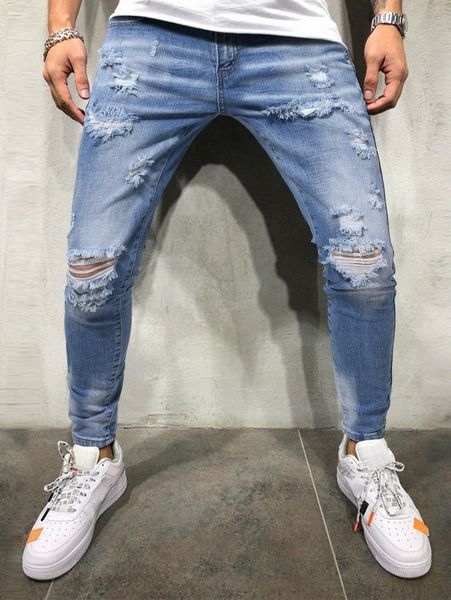 

men bleach wash ripped frayed skinny jeans e5wu#, Blue