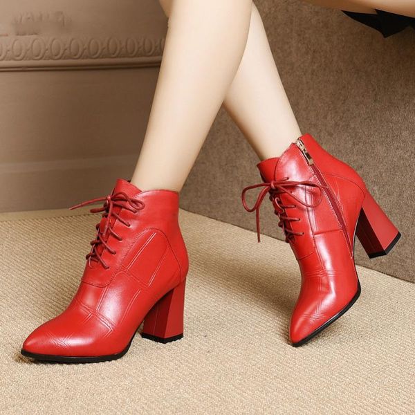 

boots winter ankle women natural genuine leather square high heel short pointed toe shoes female autumn size 4-10, Black