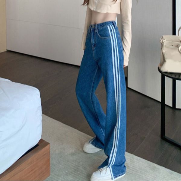 

2021 calas de brim femininas lado azul cintura qualidade ampla perna yc7b, Blue