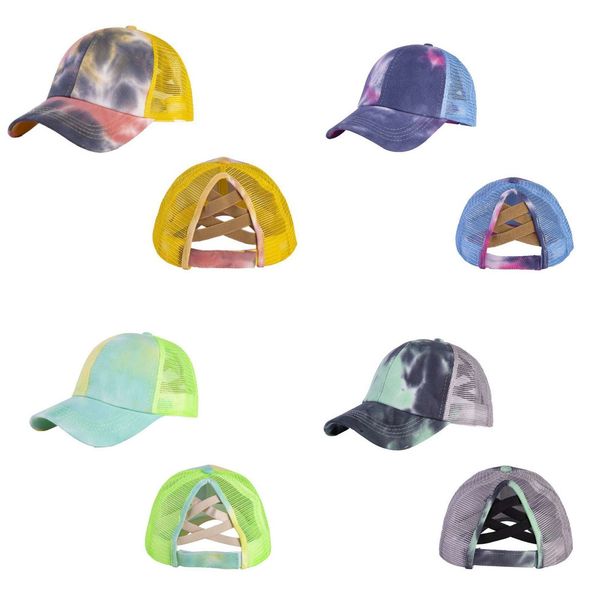

washed tie dye hat cap mesh ponytail ball baseball cap hats womens criss cross messy buns ponycaps adjustable trucker snapbacks hh2307, Yellow
