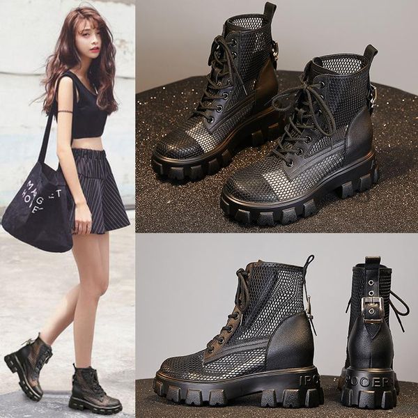 

revt spring summer martin mesh boots women new genuine leather ladies net boots comfortable breathable baotou women summer, Black