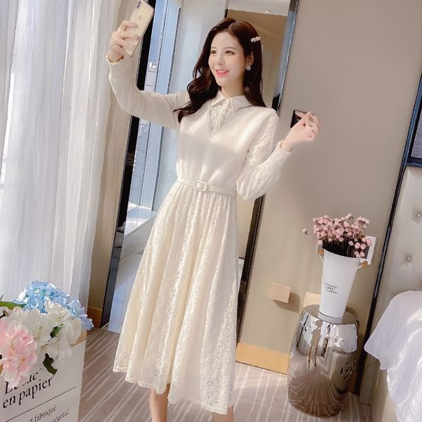 

dezmo осень зима 2020 кружево стиль 7jekx воротник норка сшитые новый средней длины леди юбка платье dresslace платье поло, Black;gray