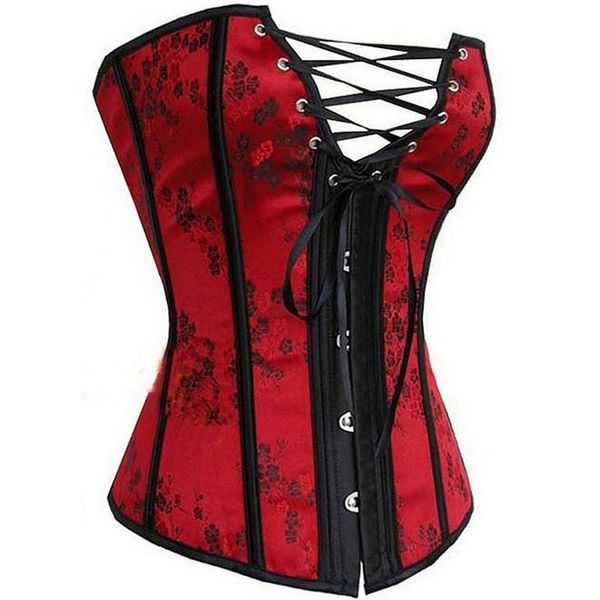 

overbust vintage corset steampunk shapewear cosplay women lace-up basque lingerie flower print red bustier s-6xl safmx
