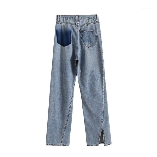 

liuwen street sirregular twisted high waist trousers fluorescent green leather label stitching split jeans woman1, Blue