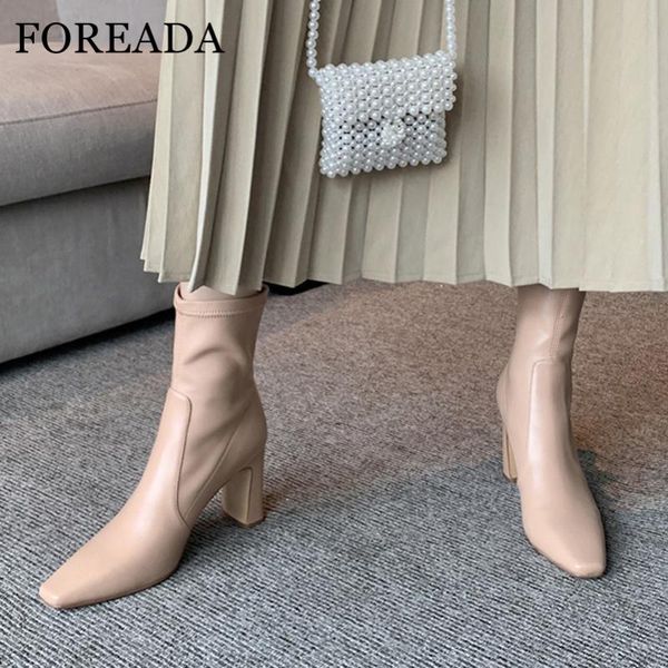 

foreada square toe ankle boots high heel woman boots chunky heel shoes short female footwear autumn beige black size 33-40