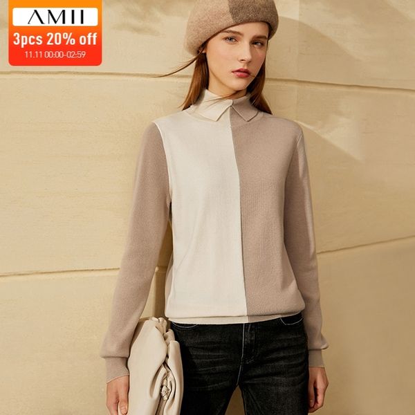 

amii minimalism autumn winter simple women's sweater causal lapel patchwork knitted sweaters for women pullover 1348 201111, White;black