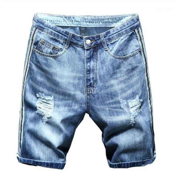 

men's jeans men's male fashion casual stripe lines patchwork ripped shorts summer knee length holes thin denim jeans1, Blue