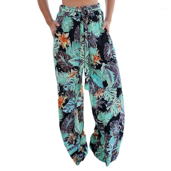 

summer vintage boho wide leg pants high waist loose floral print long women trousers casual beach pants black  size1, Black;white