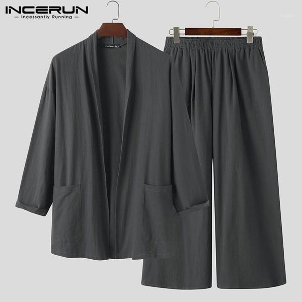

incerun vintage men solid sets long sleeve cardigan shirts elastic waist pants 2 pieces loose chinese style pocket man suits 5xl1, Gray