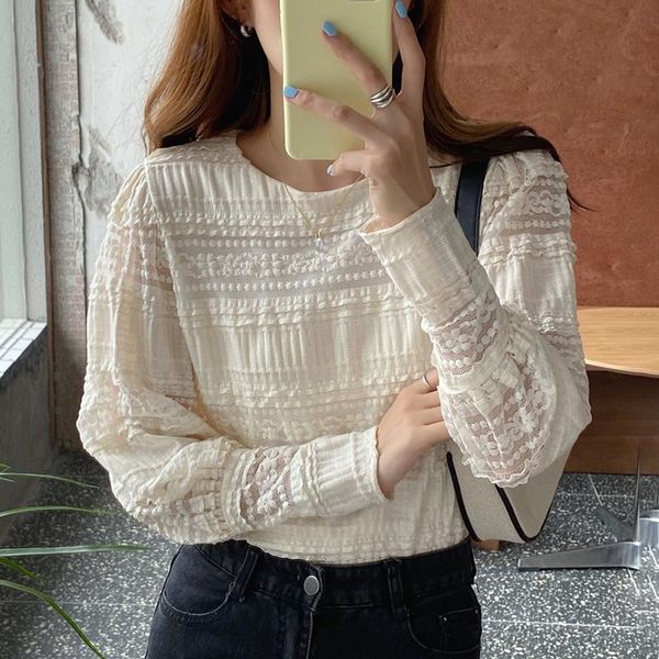 

autumn women lace blouse korean chic round neck hook flower stitching long sleeve hollow shirt blusa feminina, White
