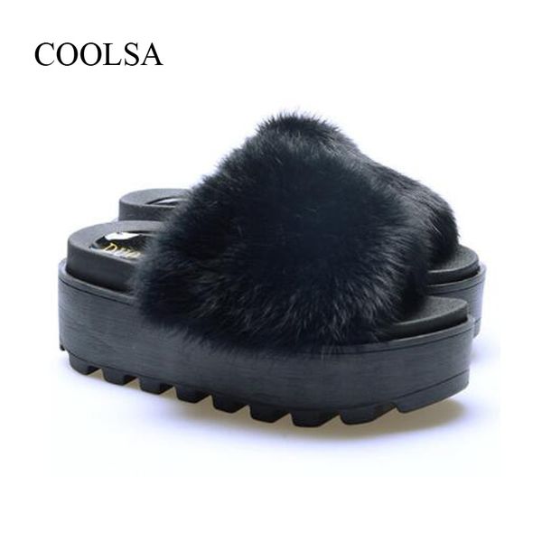 

women's thick-bottomed rabbit fur slippers casual non-slip warm indoor slippers outside mid-heel sandals women plush slippers x1020, Black